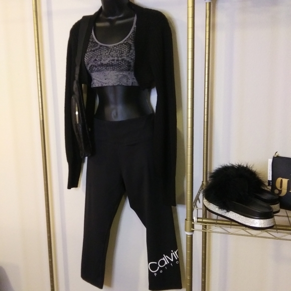 Leggings. CALVIN KLEIN PERFORMANCE. Size: LG. Color: Black w/White Logo. - Picture 9 of 11